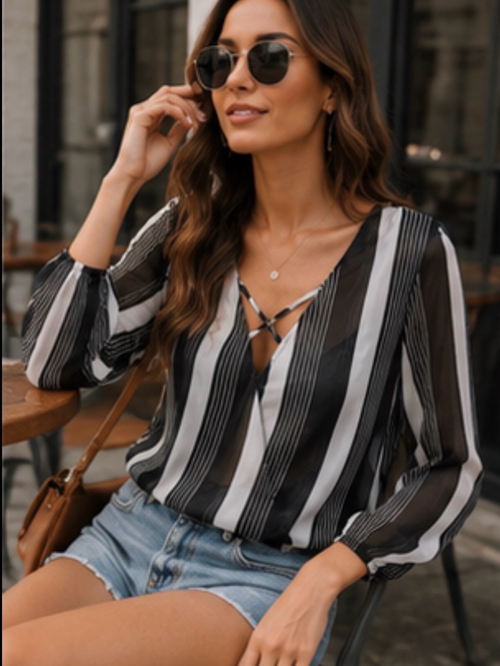 Black and White Striped V-Neck Blouse with Crisscross Front